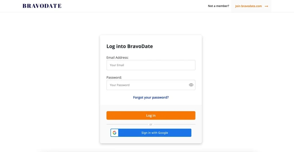 BravoDate login page